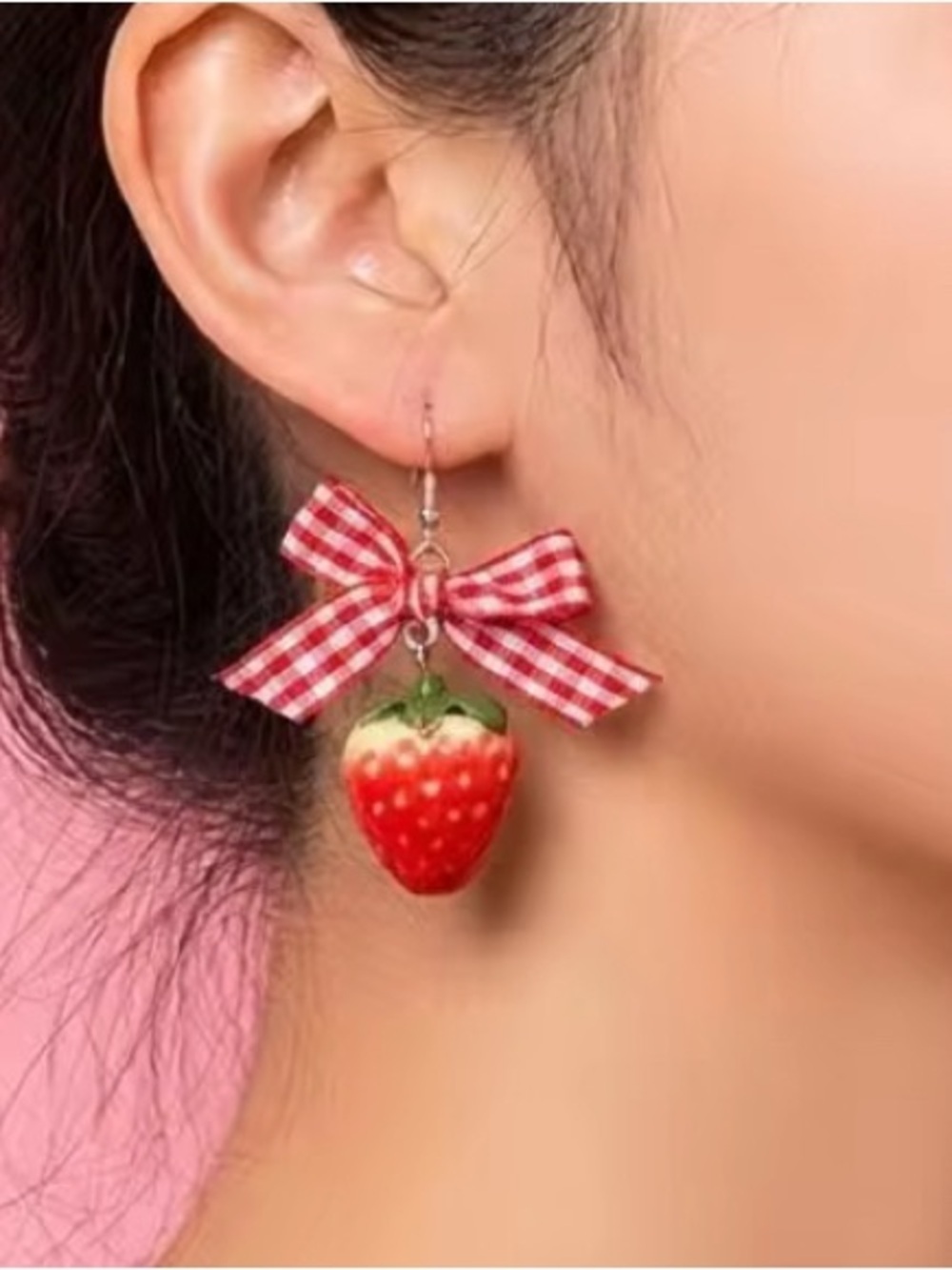 Red Strawberry Bow Dangle Earrings